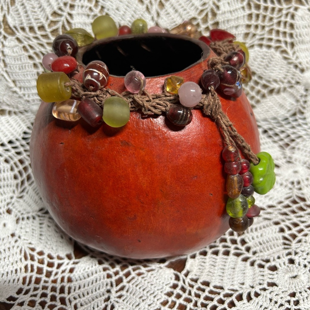 Handcrafted Earthtone Beaded Gourd bowl container Vase see pics for measurements